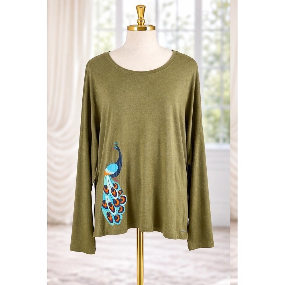 Life‎ Is Good Fleece Lined Soft Jersey Knit Tee Army Green Peacock Womens XXL